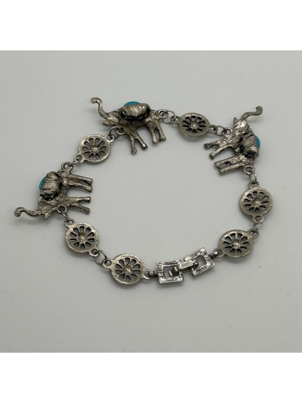 Boho Elephant Link Bracelet Silver Tone Turquoise Color Stone Bohemian Good Luck - Picture 12 of 12